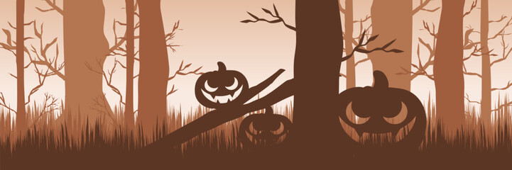 Charming jack-o'-lanterns in a rustic forest scene for a seasonal autumn celebration