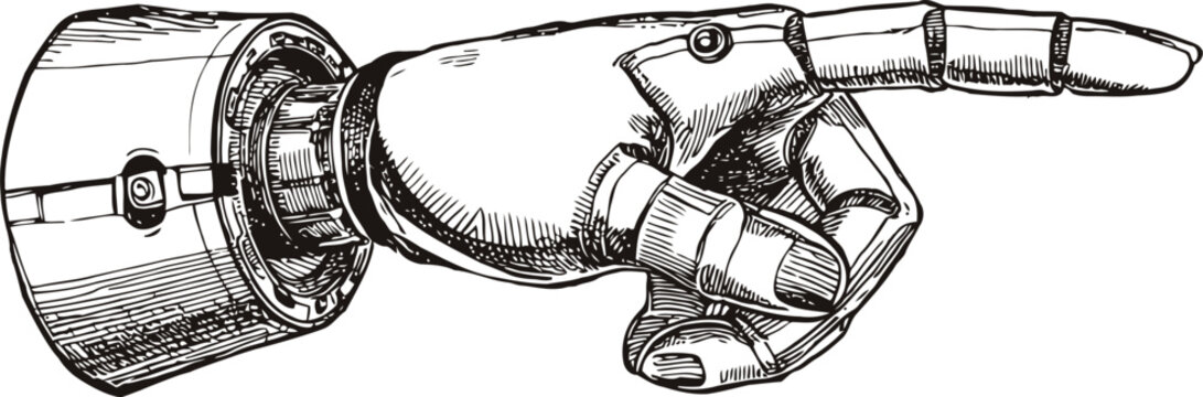 Detailed vintage engraving style vector sketch of the robotic hand with pointing finger gesture. Isolated on white, featuring mechanical joints and bolts, in a retro fantasy aesthetic.