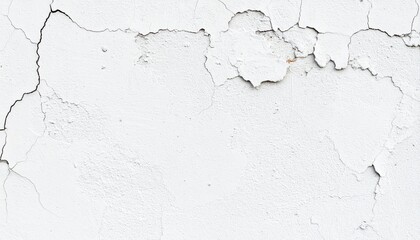 Old white plaster wall with cracked and peeling paint, creating an abstract grunge texture background.