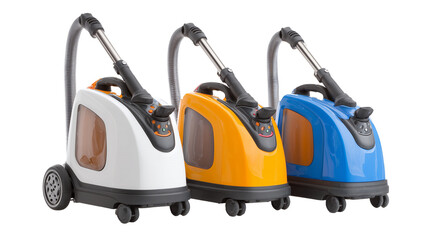 Three colorful canister vacuum cleaners