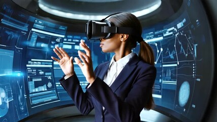 Businesswoman using virtual reality headset in a futuristic tech environment with data visuals - Powered by Adobe