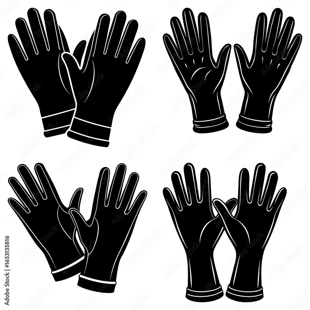 Poster four pairs of black gloves arranged in a grid pattern on a white background in a vector illustration