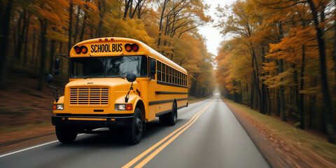 Obraz premium Vintage yellow school bus driving along a tree-lined road with left-hand traffic. Motion scene. Back to school concept. Copy space.