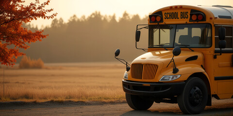 Part of yellow school bus and wide empty autumnal field. Back to school concept. Large banner with Copy space.