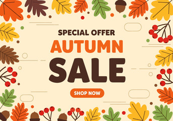 Flat illustration of autumn sale banner with colorful leaves, mushrooms, and berries frame, promoting seasonal shopping discount, perfect for retail marketing design