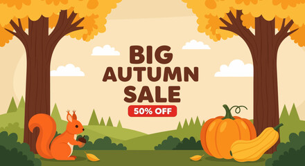 Flat illustration of autumn sale banner with squirrel holding acorn, pumpkins, and fall trees in forest scene, promoting seasonal discount up to 50% off, perfect for shopping and marketing design © meeblues