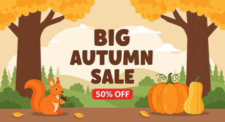 Flat illustration of autumn sale banner with squirrel holding acorn, pumpkins, and fall trees in forest scene, promoting seasonal discount up to 50% off, perfect for shopping and marketing design