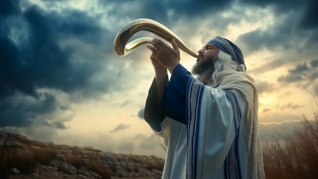 Orthodox Jewish Man Blowing Shofar at Sunset
