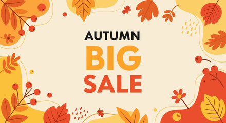 Flat illustration of autumn big sale banner with colorful fall leaves, berries, and floral elements, perfect for seasonal shopping promotions, retail discounts, and marketing campaigns