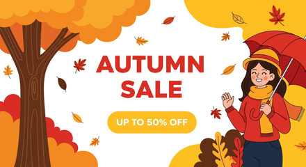 Flat illustration of autumn sale shopping banner with woman holding umbrella, autumn leaves, and shopping bag, perfect for seasonal promotions, retail marketing, and discount offers