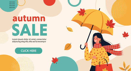 Flat illustration of autumn sale shopping banner with woman holding umbrella, autumn leaves, and shopping bag, perfect for seasonal promotions, retail marketing, and discount offers