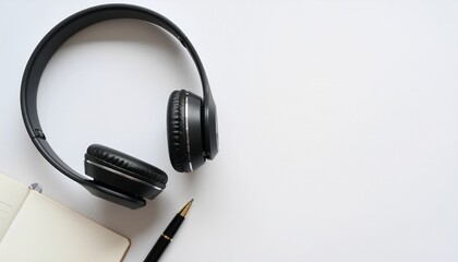 Fototapeta premium Overhead shot of black headphones, notebook, and pen on a white desk surface with ample copy space.