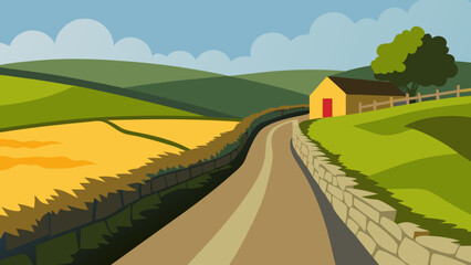 Peaceful Country Lane Bordered by an Old Fence and Trees Rural Scene