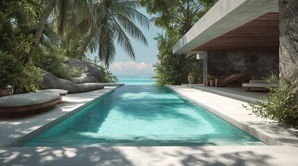 Obraz premium Luxury infinity pool villa with ocean view and tropical garden for vacation rental and summer getaway design