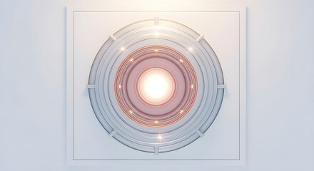 Futuristic circular HUD element with a glowing energy core red and blue concentric rings and luminous data points.