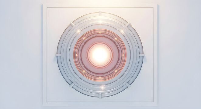 Futuristic circular HUD element with a glowing energy core red and blue concentric rings and luminous data points.