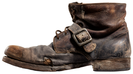 Single marching boot with worn leather and buckle