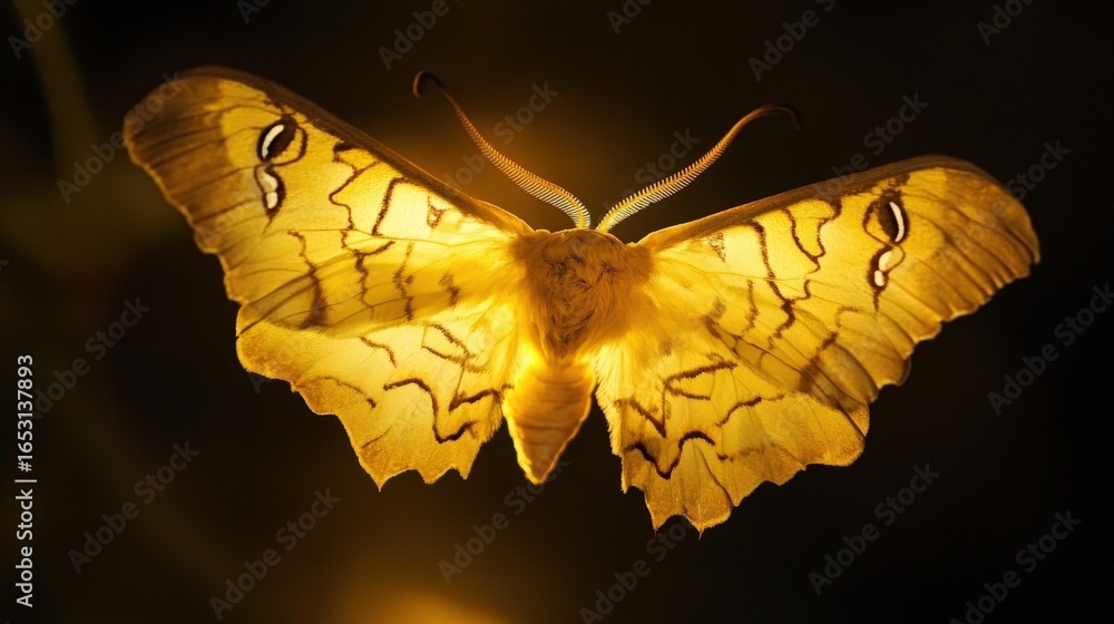 Poster golden moth with intricate wing patterns against a dark background.