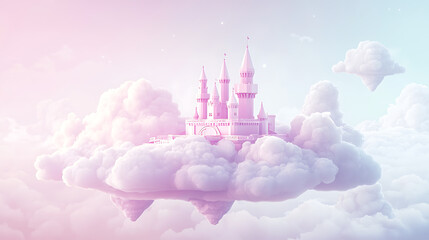 A whimsical dreamscape featuring a majestic fantasy castle, ethereal and enchanting, nestled amongst soft, pastel clouds in a serene, magical sky, evoking a sense of wonder and fairytale beauty.