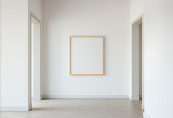 Bright hallway with a blank square frame hanging on the wall, perfect for showcasing art or design, isolated on white background