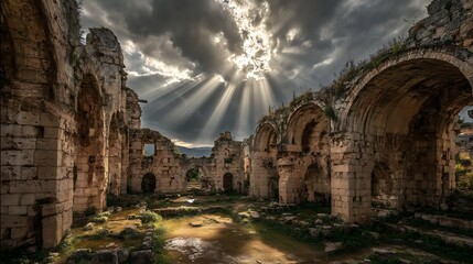 Fototapeta premium Explore ancient ruins of perge turkey with dramatic sky and sun rays shining through the clouds above ruins