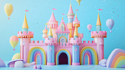 Vibrant 3D illustration of a whimsical fairytale castle, featuring pastel colors, rainbow arches, and floating balloons in a dreamy blue sky.