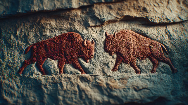 Bison Carving on Rock Art Ancient History Picture Stone Sculpture Prehistoric Wildlife Engraving Cultural Heritage Pictograph Nature Craft Tradition Depiction Cave Panel Silhouette Rustic Exploration