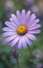 Fototapeta premium Close up of a purple daisy with yellow center and water droplets on petals flower