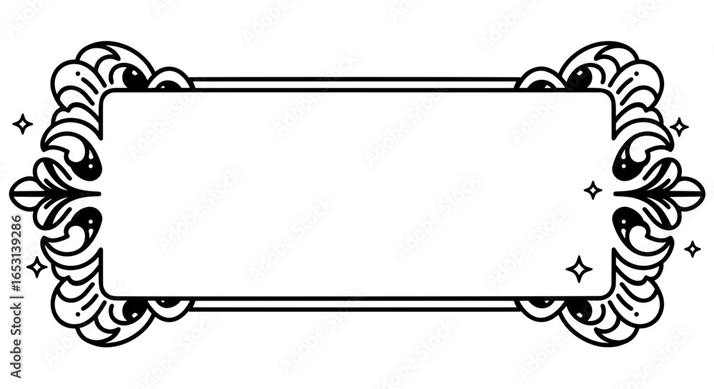 Poster a groovy rectangular frame with ornamental flourishes and sparkles. this black and white vector line