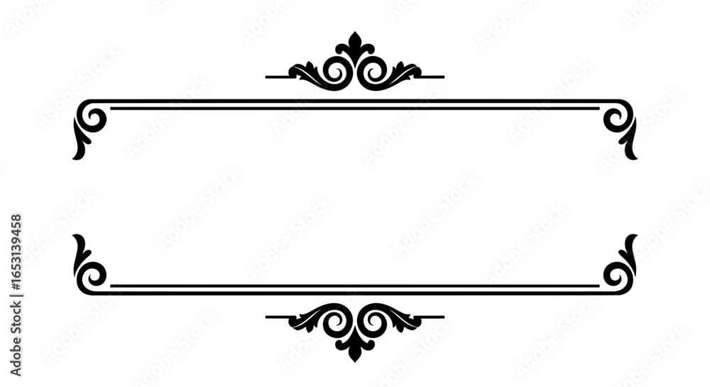 Poster a classic and elegant vector frame with ornate central flourishes and minimalist scroll corners. per