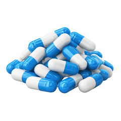 A pile of blue and white capsule pills