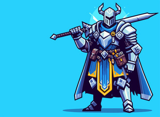 Fototapeta premium cartoon illustration of medieval knight character on blue background