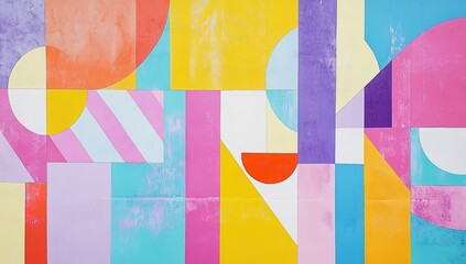 A vibrant and colorful background with geometric patterns, featuring a mix of soft pastel colors like pink, purple, blue, yellow, orange, red, green, and lavender, creating an abstract design