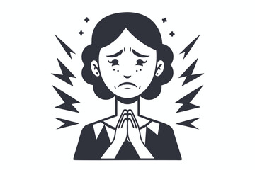 Stressed Woman Working with Sad and Error Thoughts on White Background