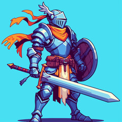 cartoon illustration of medieval knight character on blue background