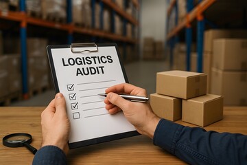 Hands of a person taking a logistics audit in a warehouse. 