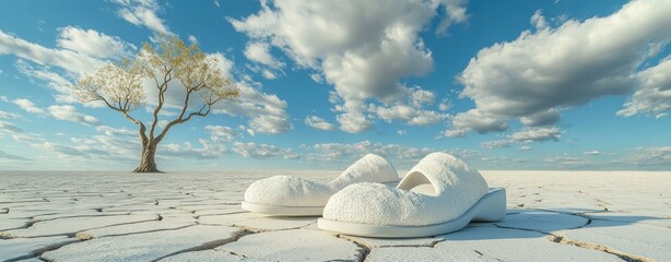 White slippers on cracked white desert landscape with lone tree