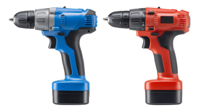 Two cordless drills, blue and red
