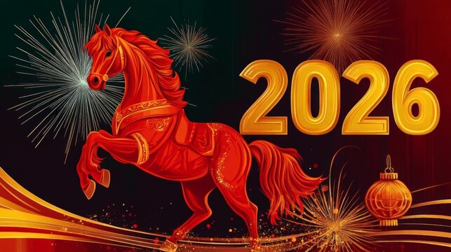 A horse is jumping in the air with fireworks in the background. The year is 2016. The image is meant to represent the excitement and energy of the new year