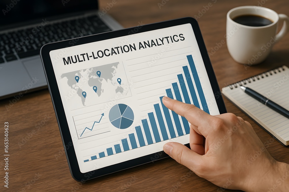 Poster a person interacting with a tablet displaying multi-location analytics.