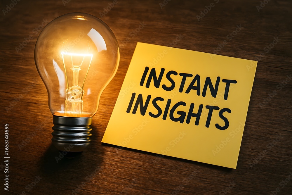Poster a glowing light bulb next to a sticky note with the words instant insights on it.