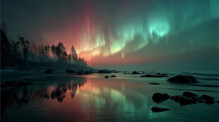 Celestial Display: A mesmerizing scene of nature's grand spectacle where the dancing aurora borealis paints the night sky with vibrant hues above a tranquil landscape.
