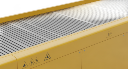 Yellow industrial conveyor belt with metal grating isolated on transparent background