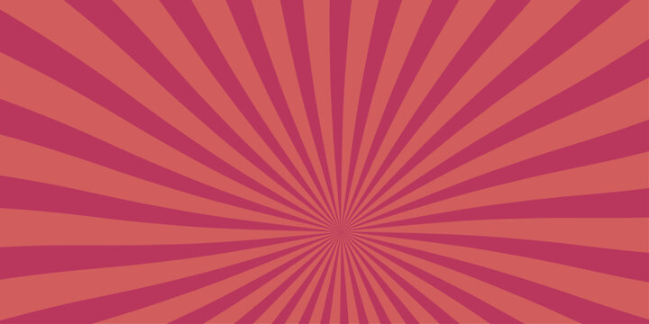 Naklejki Abstract background with rays retro starburst rays. Salmon pink color sunburst background, red and purple bright sunrise isolated glow striped texture background.