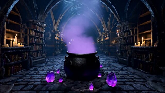 Enchanted potion brewing in a mystical library with glowing crystals and candles