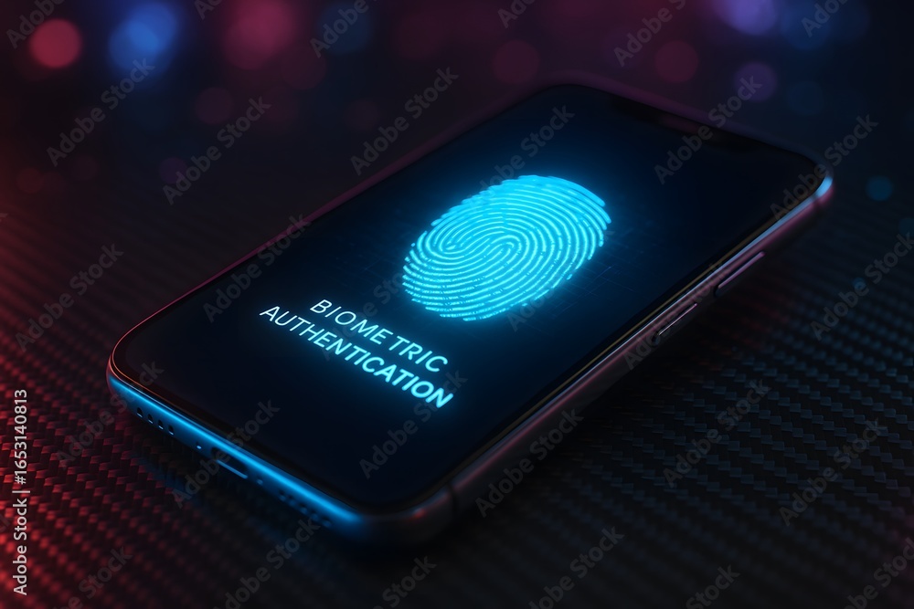 Poster smartphone displaying a fingerprint with biometric authentication.