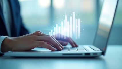 Hands typing on a laptop with a glowing financial graph overlay