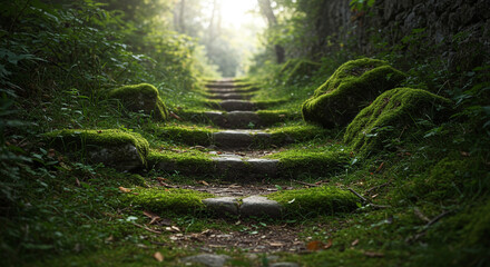 Stone steps covered in moss leading through a forested path  