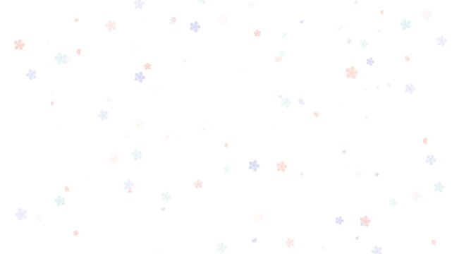 Pastel animated flowers in pink blue and mint drifting gently across white background

