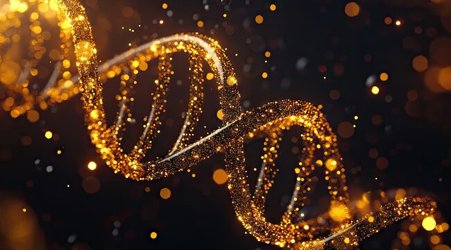 Golden DNA helix swirling in a dark background (1)